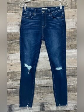 PAIGE Women’s Verdugo Ankle Dark Wash Distressed Skinny Jeans - Dark Blue